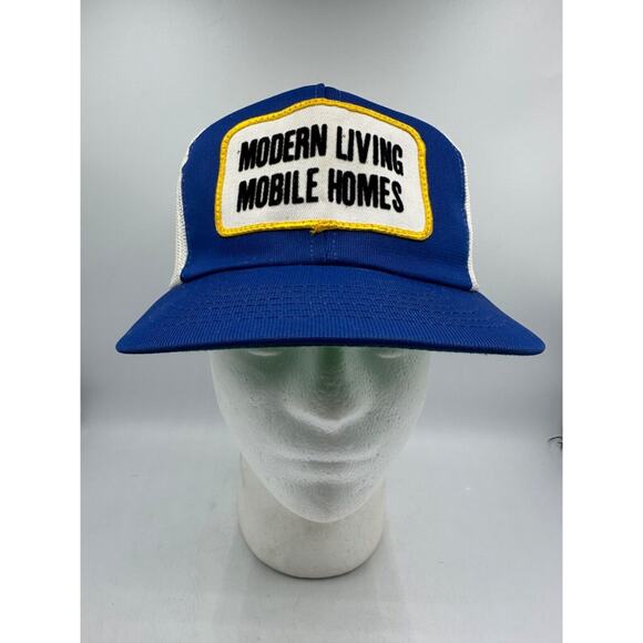 Vtg Modern Living Mobile Homes Trucker Hat Patch Cap Snapback Blue Mesh USA S/M - Picture 1 of 9